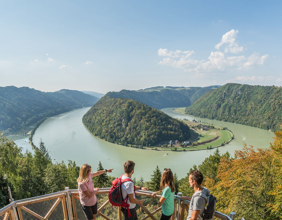 Der malerische Ausblick auf die Schlögener Schlinge zeigt die Donau, wie sie sich kraftvoll durch die steilen Felsen windet. Dieses Naturschauspiel in Oberösterreich fasziniert mit seiner einzigartigen Landschaft und zieht Besucher mit seiner beeindruckenden Aussicht und Ruhe in den Bann.